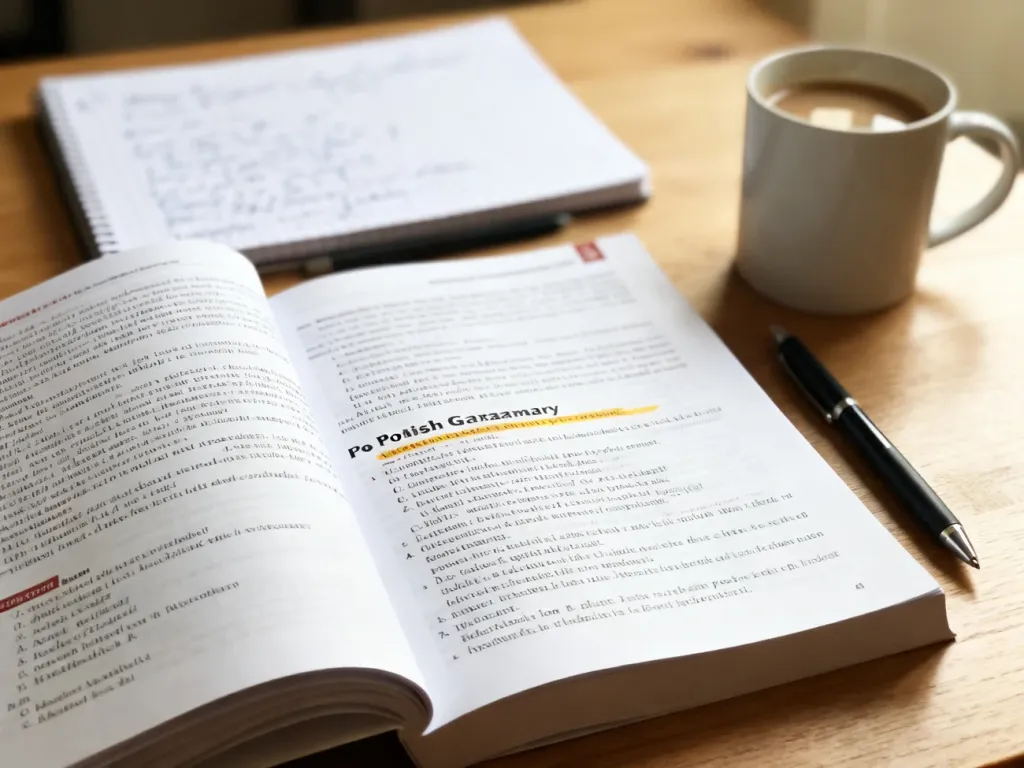 Otwarta książka do gramatyki języka polskiego z zaznaczonym fragmentem, obok notes z notatkami i filiżanka kawy