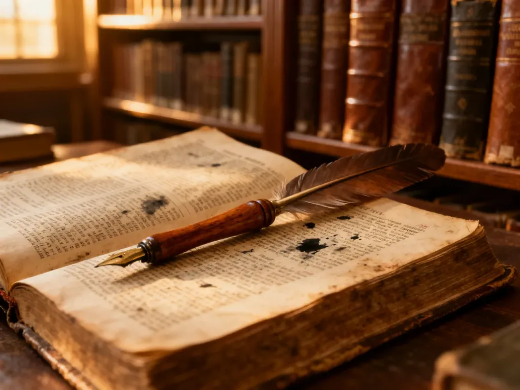 Stare pióro gęsie leżące na otwartym, zabytkowym słowniku w bibliotecznym wnętrzu.