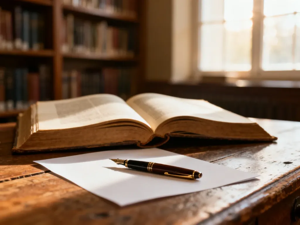 Otwarte zabytkowe książki i pióro wieczne na drewnianym biurku w bibliotece, tworzące klimat do nauki języka polskiego.