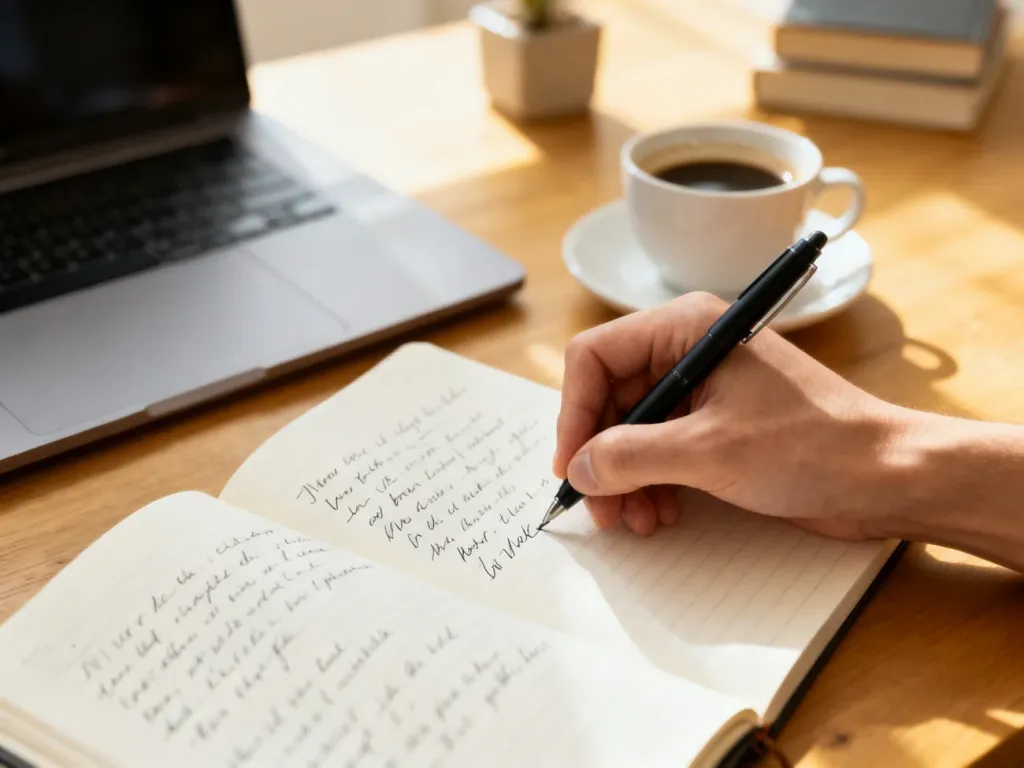 Dłoń zapisująca notes długopisem na biurku, obok laptop, kawa i książki – nauka poprawnej pisowni w przytulnej atmosferze