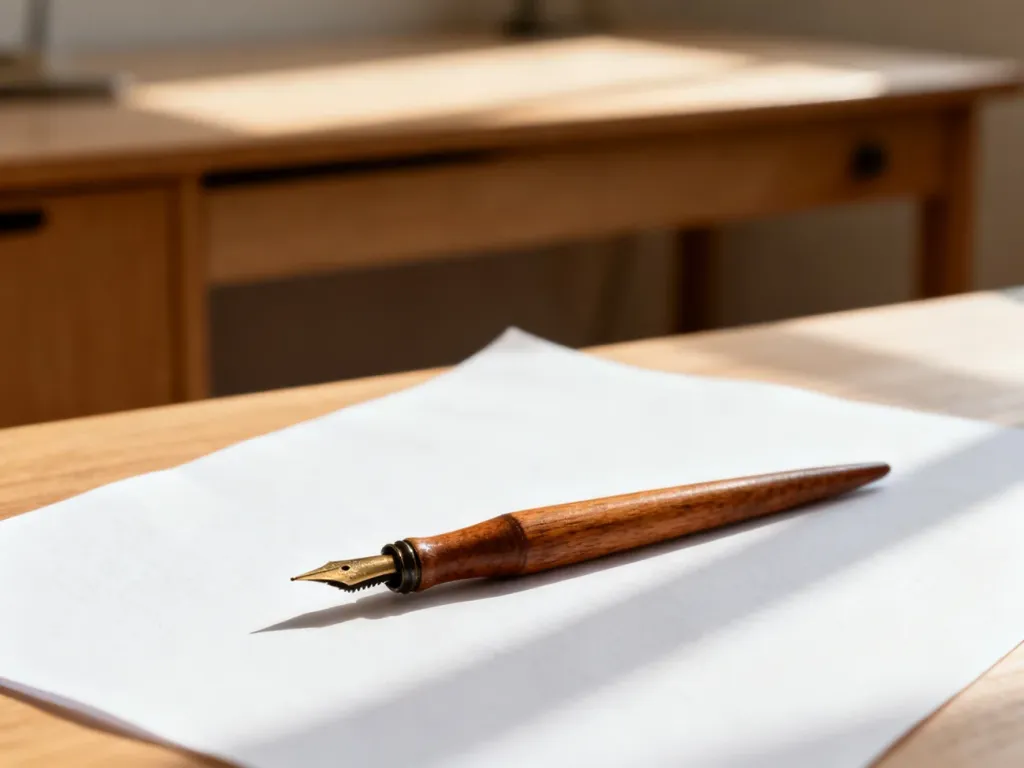 Starodawne pióro leżące na czystej kartce papieru, symbolizujące naukę poprawnej pisowni i dbałość o język.