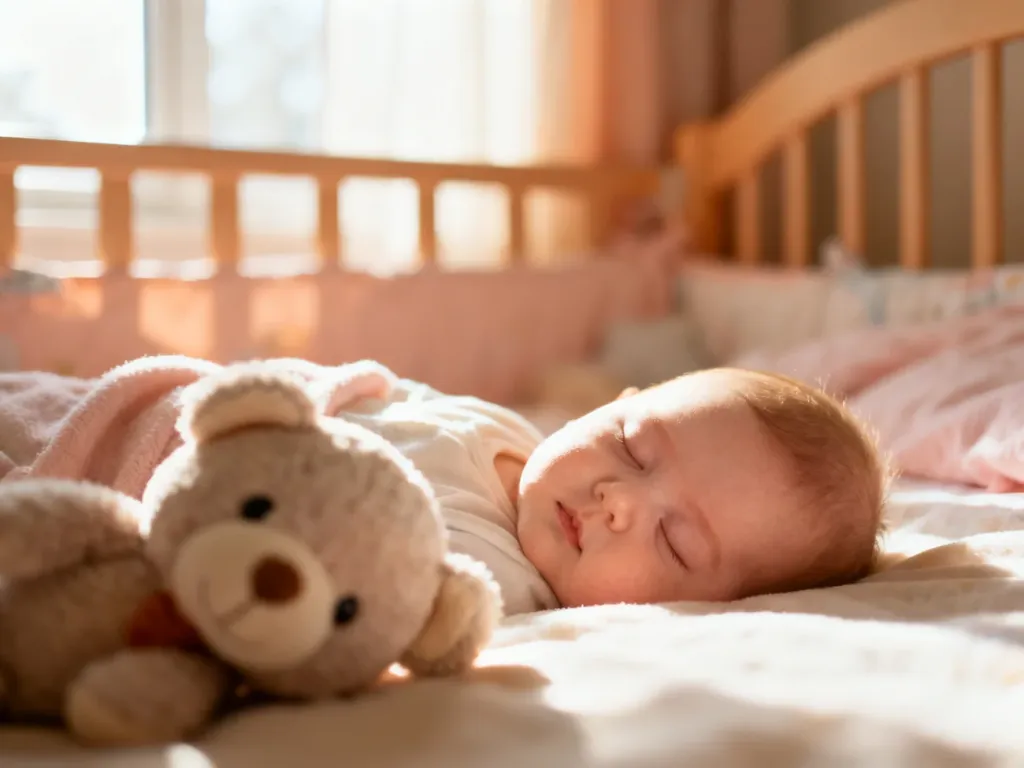 Ośmiomiesięczne niemowlę spokojnie śpiące w przytulnym łóżeczku w nasłonecznionym pokoju dziecięcym.