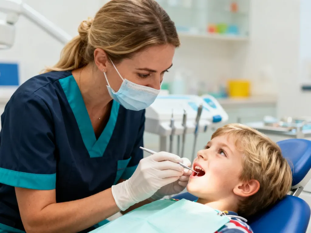 Dentystka w profesjonalnym gabinecie delikatnie bada jamę ustną dziecka w celu diagnozy stanu zapalnego dziąseł.