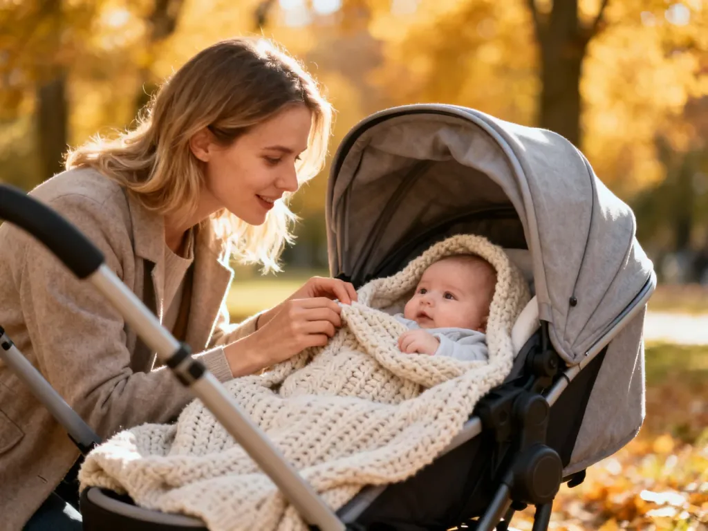 Młoda mama otula noworodka kocykiem w wózku podczas jesiennego spaceru w parku.