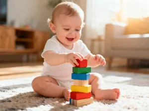 Uśmiechnięte niemowlę w ciepłej kurtce i czapce siedzi w wózku podczas jesiennego spaceru w parku.