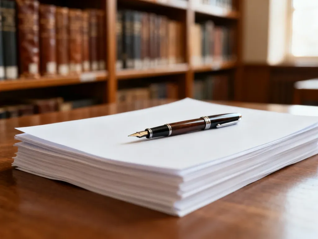 Eleganckie pióro wieczne na stosie białych kartek w bibliotecznym wnętrzu, podkreślające staranność w pisaniu.