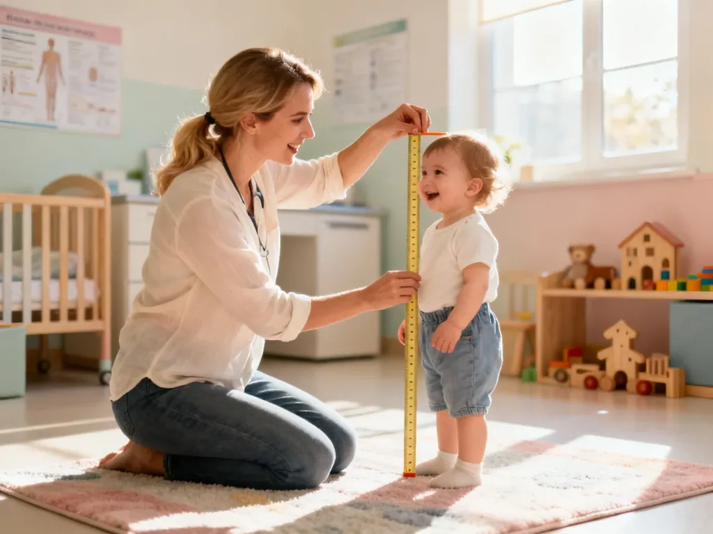 Mama mierzy wzrost radosnego dziecka w przytulnym gabinecie pediatrycznym.
