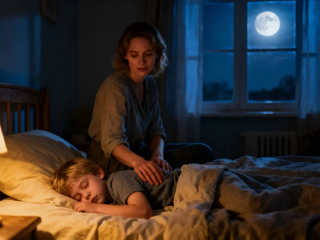 Mama siedząca przy łóżku śpiącego dziecka w przytulnej, nocnej sypialni, zapewniająca mu spokój i opiekę.