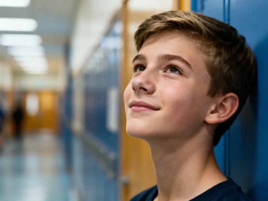 Pewny siebie nastolatek w szkolnym korytarzu, symbolizujący okres dojrzewania i wzrostu u chłopców.