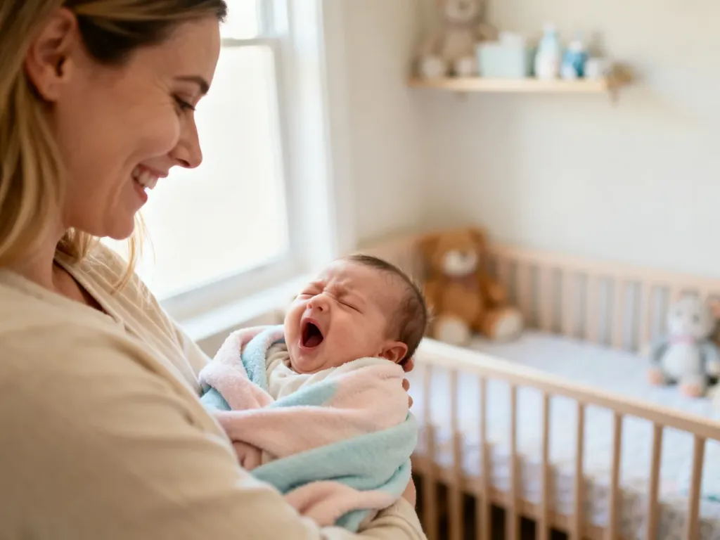 Mama tuląca ziewające, lekko marudne niemowlę w przytulnym pokoju dziecięcym, ilustrująca objawy skoku rozwojowego.