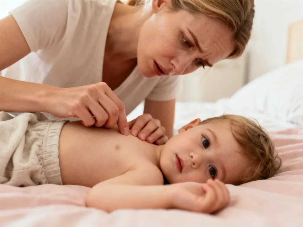 Zatroskana matka delikatnie ogląda skórę swojego dziecka, sprawdzając zmiany w okolicach intymnych.