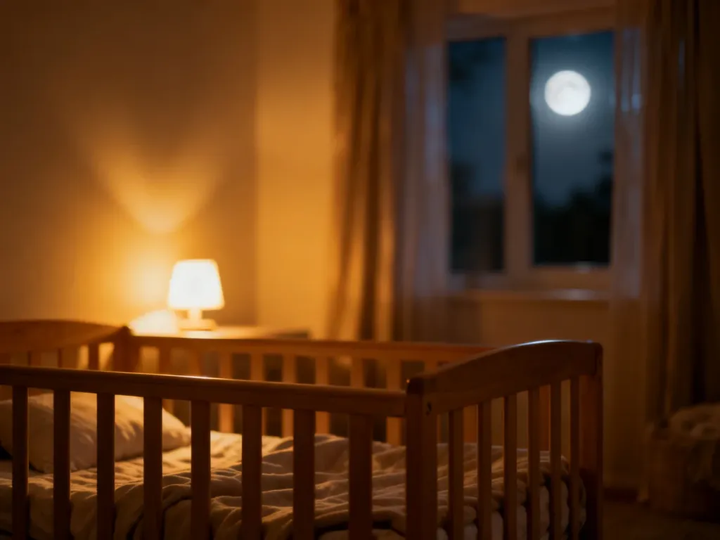 Przytulny pokój dziecięcy z łóżeczkiem w ciepłym świetle nocnej lampki, tworzący atmosferę spokoju i wyciszenia.
