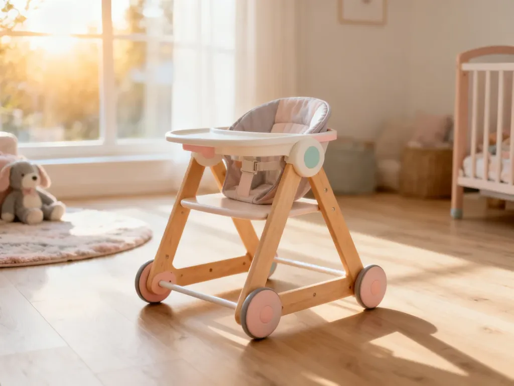 Nowoczesny, ergonomiczny chodzik dla dziecka w jasnym, minimalistycznym salonie.