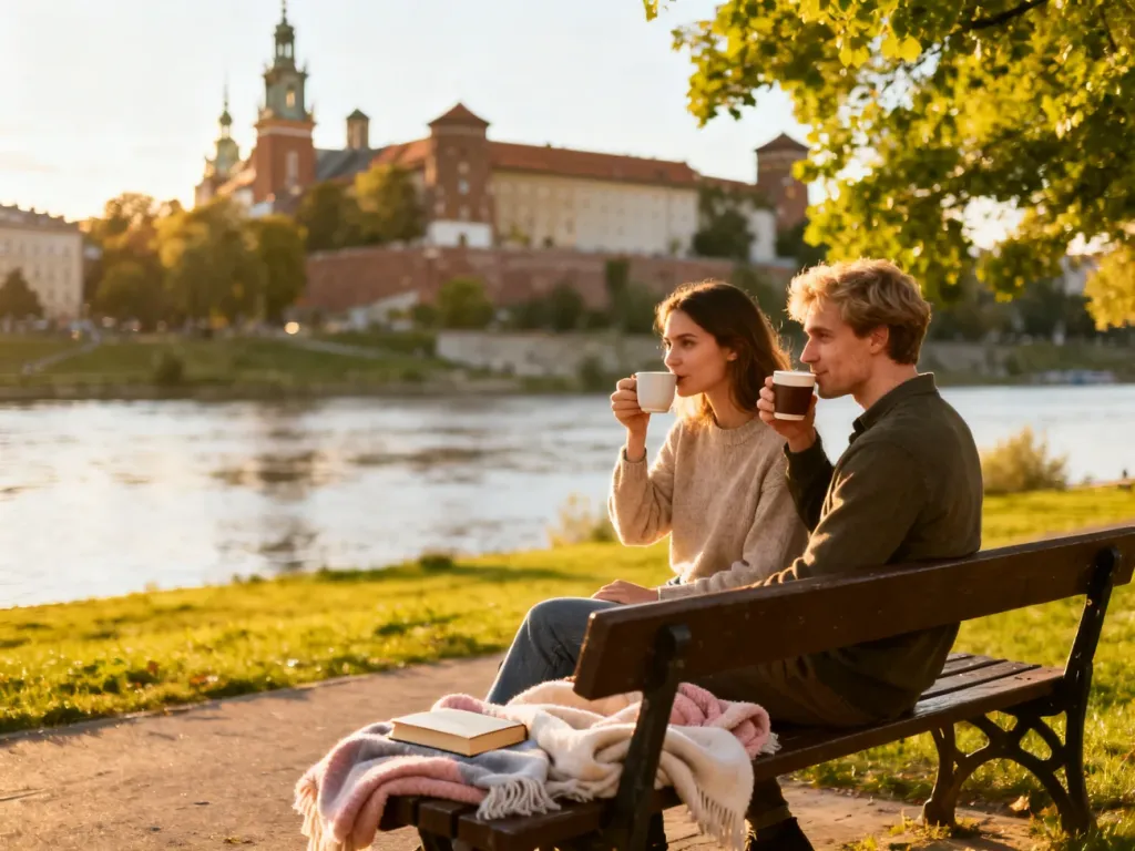 Para na ławce nad Wisłą w Krakowie, z widokiem na Wawel, odpoczywa w słońcu i pije kawę, no text on the picture