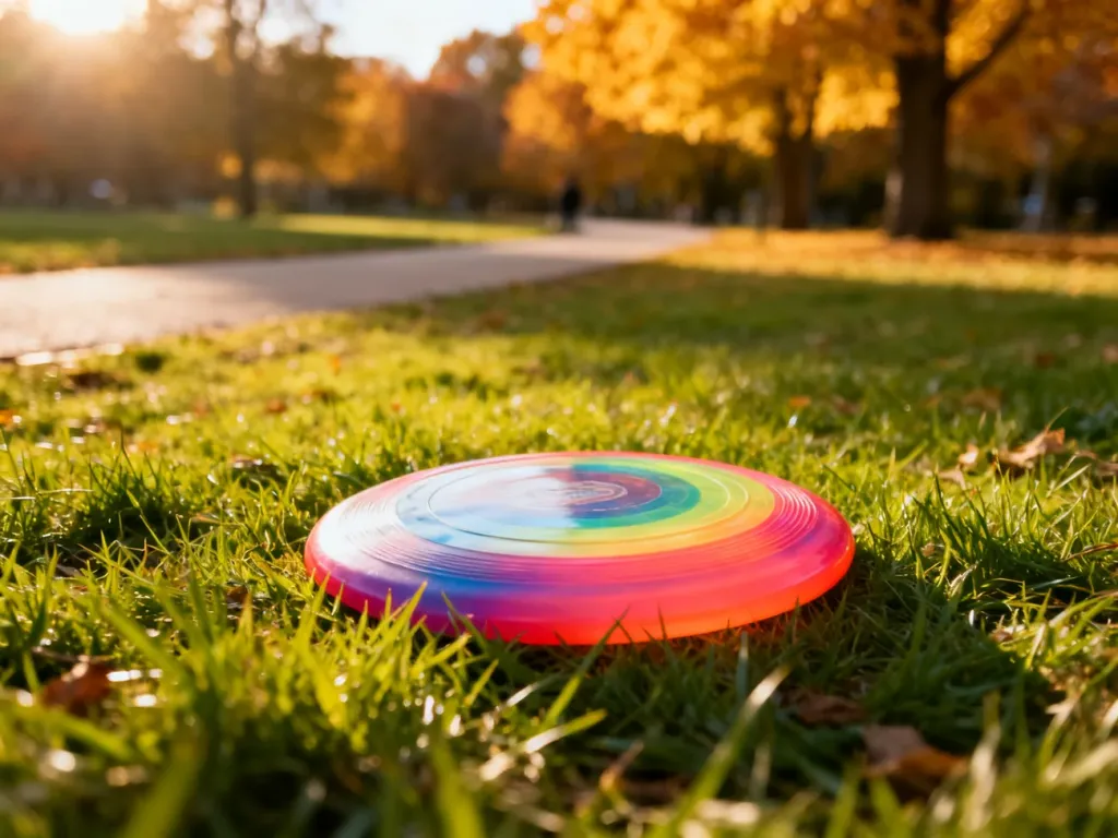 Kolorowy frisbee leżący na soczyście zielonej trawie w parku, zachęcający do aktywnej zabawy na świeżym powietrzu.