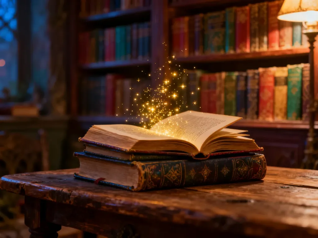 Przytulny kącik biblioteczny z otwartymi książkami i magicznymi drobinkami, zachęcający dzieci do odkrywania świata literatury.