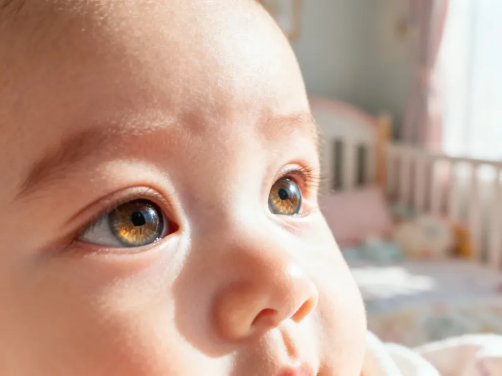 Zbliżenie na oczy niemowlęcia w naturalnym świetle, ukazujące detale tęczówki w przytulnym wnętrzu pokoju dziecięcego.