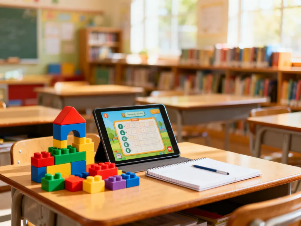 Kolorowe klocki, tablet z quizem i notatnik na szkolnej ławce, zachęcające do edukacyjnej zabawy.
