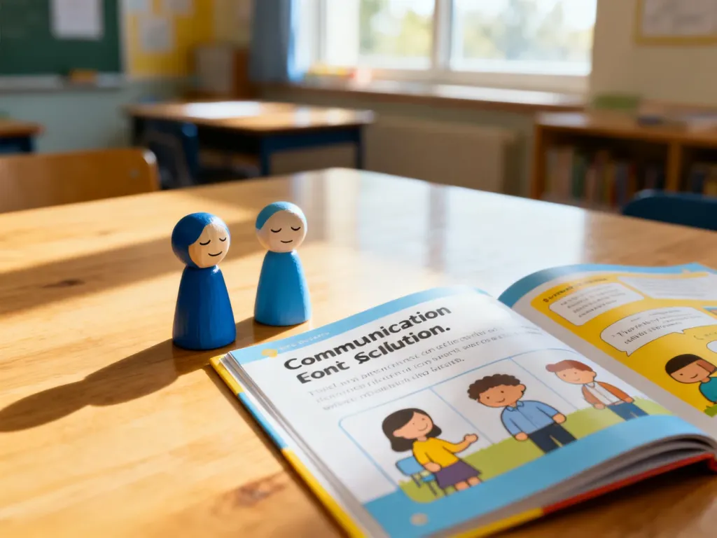 Otwarta książka edukacyjna o komunikacji oraz figurki symbolizujące rozwiązywanie konfliktów w przyjaznej atmosferze.