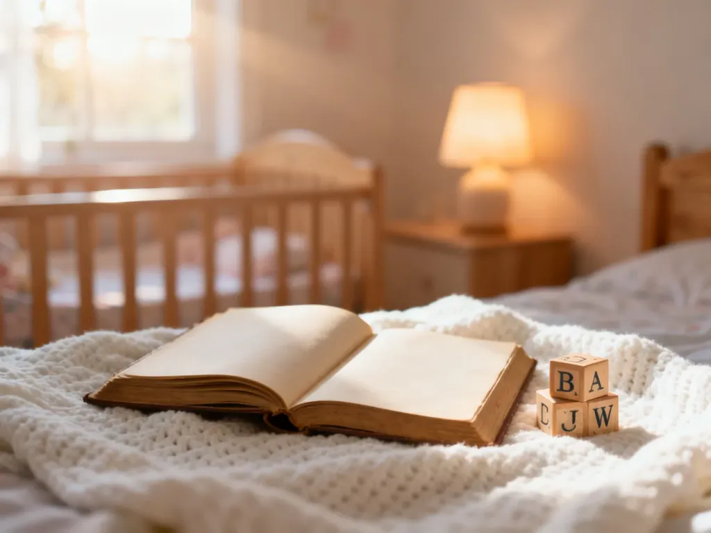 Przytulny pokój dziecięcy z otwartą księgą i drewnianymi klockami z literami, tworzący inspirujący klimat do wyboru imienia.