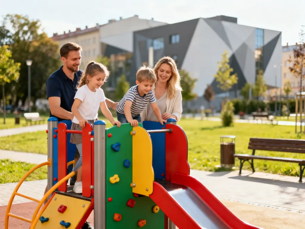 Rodzina z dziećmi bawi się na nowoczesnym, kolorowym placu zabaw w Rzeszowie, słoneczny dzień, park w tle, no text on the picture