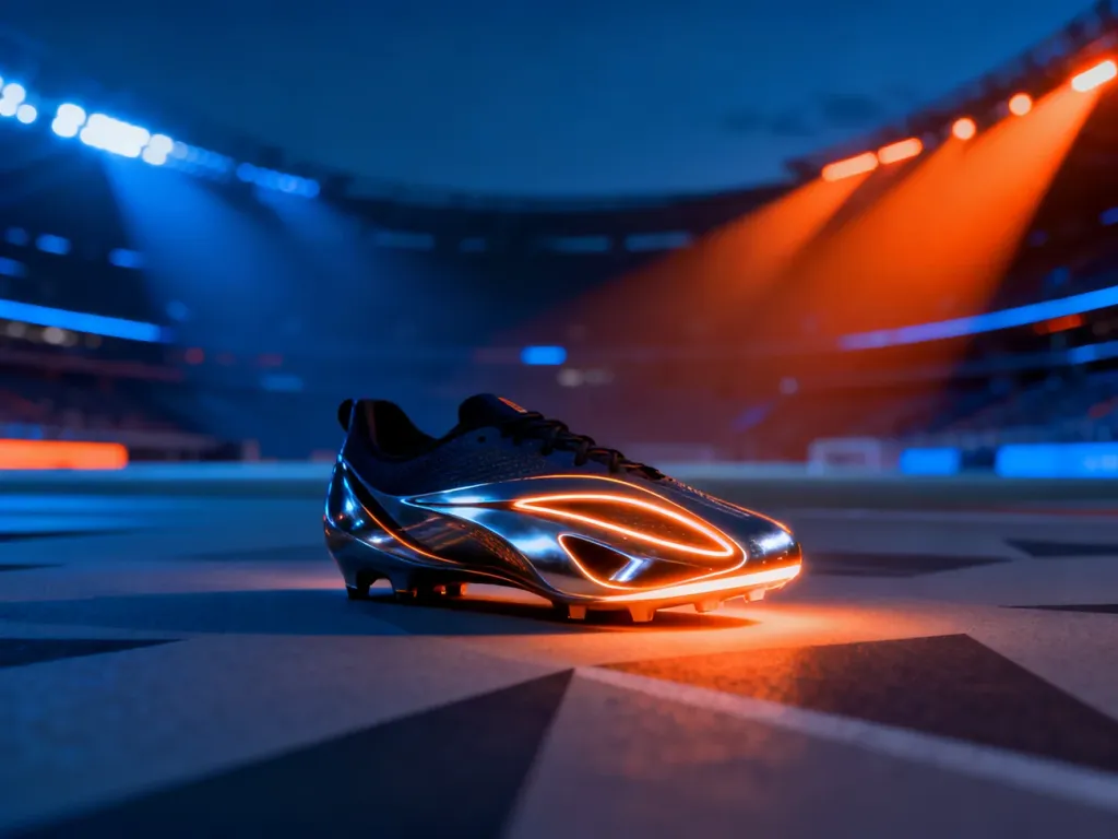 Nowoczesny, aerodynamiczny sprzęt sportowy na tle futurystycznej areny w świetle neonów.