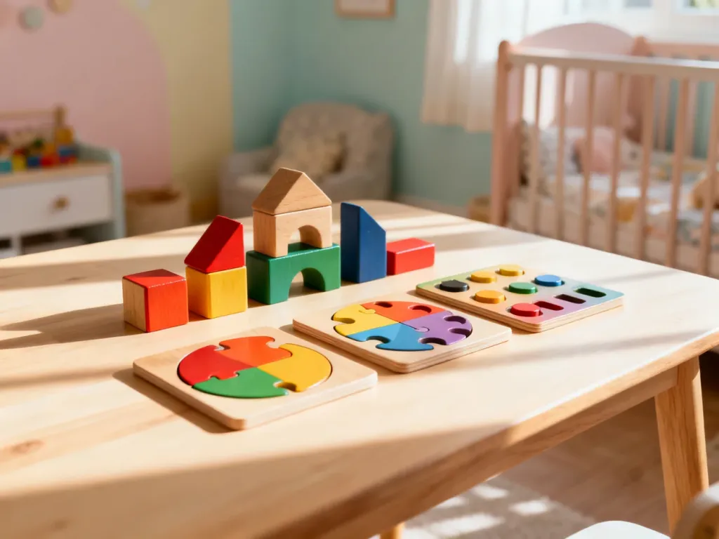 Kolorowe drewniane klocki i edukacyjne puzzle na stole, wspierające rozwój umiejętności manualnych u trzylatka.