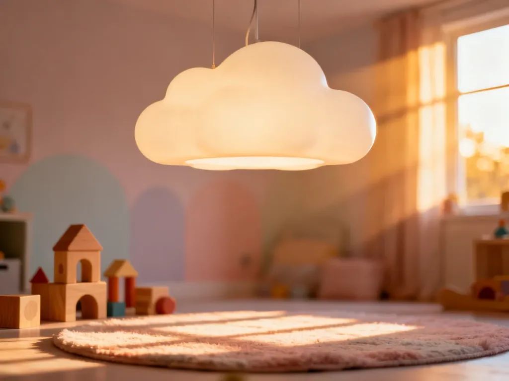 Nowoczesna lampa sufitowa w kształcie chmurki, która tworzy przytulne, ciepłe oświetlenie w pokoju dziecięcym.