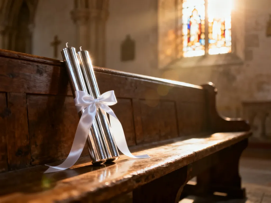 Srebrne świece chrzcielne przewiązane białą wstążką na tle witrażu, symbolizujące duchowe przewodnictwo i sakrament chrztu.