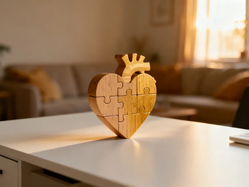 Drewniane puzzle w kształcie serca na biurku, symbolizujące troskę i budowanie relacji w odpowiedzialnym rodzicielstwie.