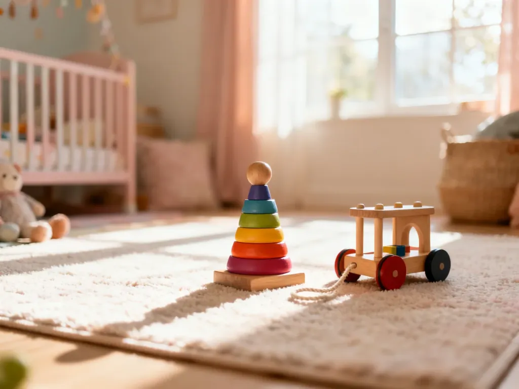 Zestaw drewnianych zabawek edukacyjnych dla rocznego dziecka, estetycznie ułożonych na jasnym dywanie w przytulnym pokoju.
