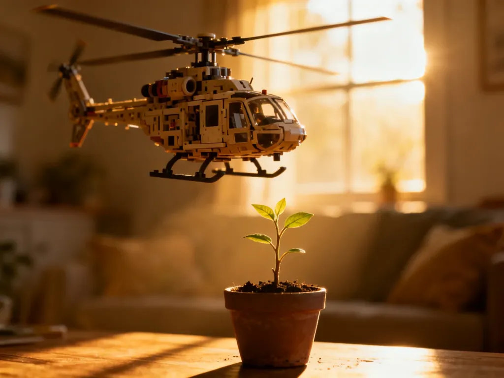 Zabawkowy helikopter unoszący się nad małą sadzonką, symbolizujący nadopiekuńczą postawę rodziców wobec dziecka.